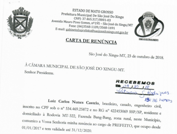 Prefeito Luiz Castelo de São José do Xingu renúncia ao cargo por razões pessoais e submetendo-se a apelo familiar